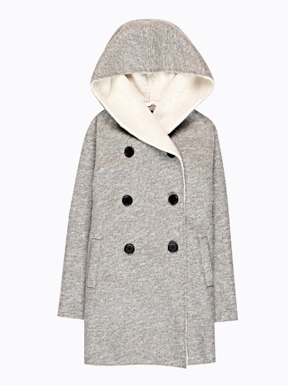 Pile lined double breasted coat with hood