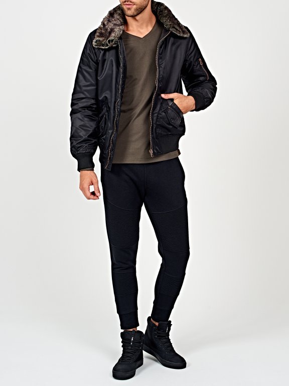 Padded bomber jacket with removable faux fur collar