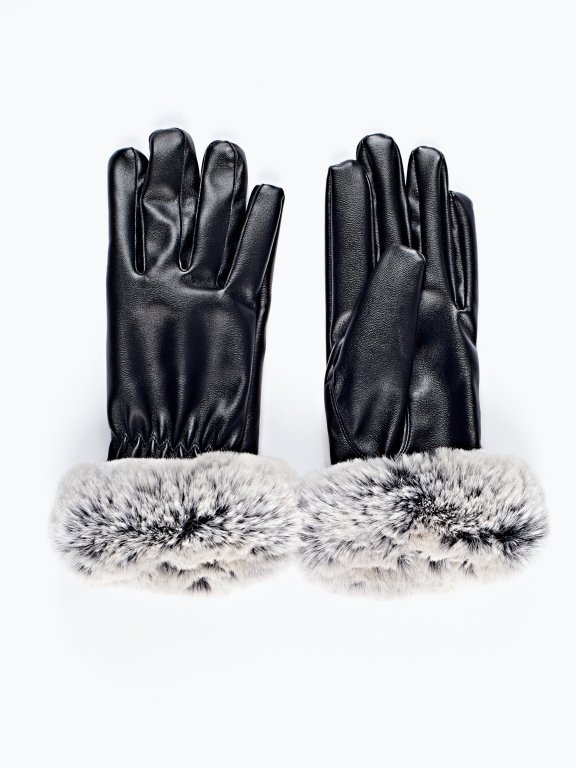Faux leather gloves with fur trim