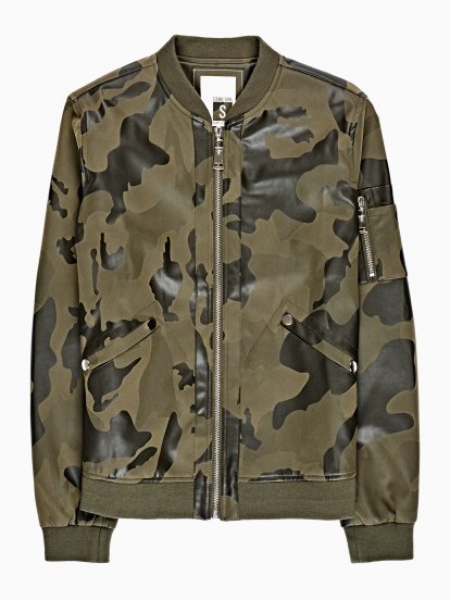 Camo print faux leather bomber jacket