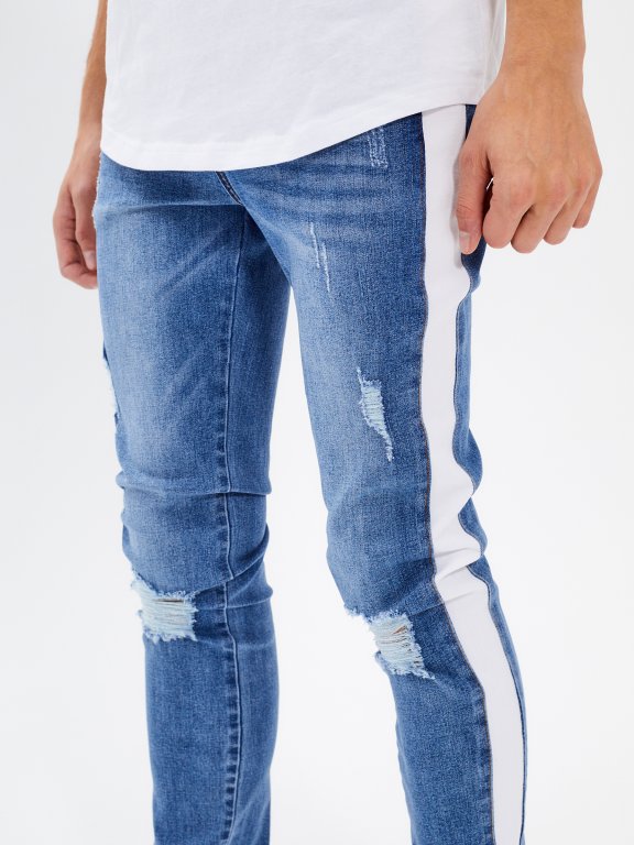 Taped straight slim fit distressed jeans