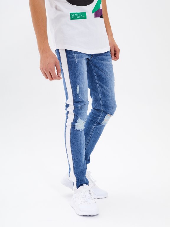 Taped straight slim fit distressed jeans