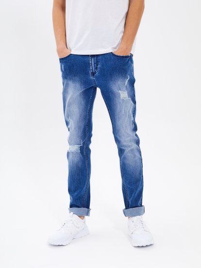 Straight slim fit distressed jeans