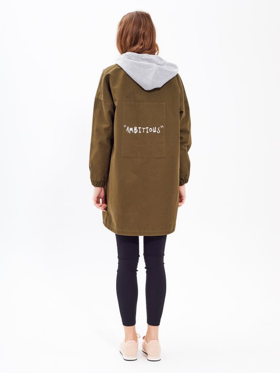 LONGLINE HOODED JACKET WITH MESSAGE PRINT AT BACK