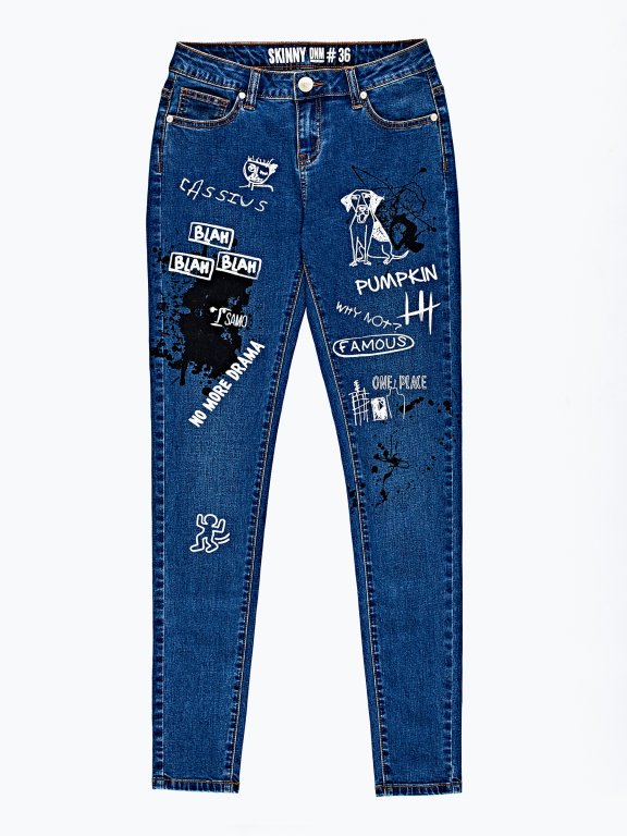 Printed skinny jeans in light blue wash