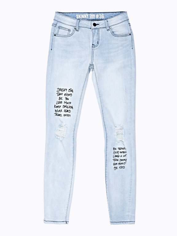 DAMAGED SKINNY JEANS WITH MESSAGE PRINTS