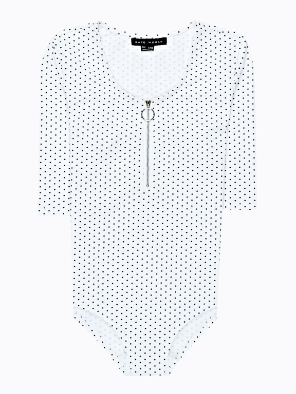 Polka dot print bodysuit with front zipper