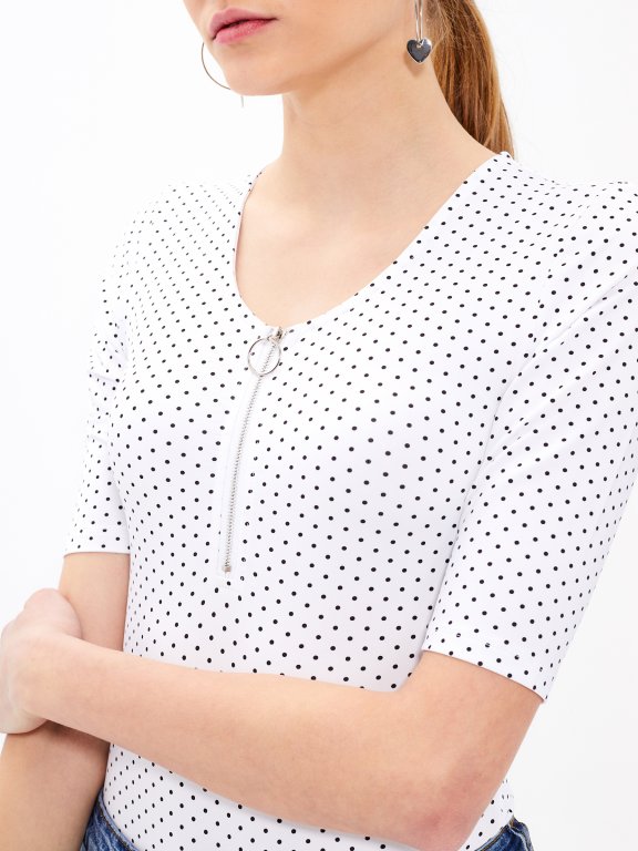 Polka dot print bodysuit with front zipper