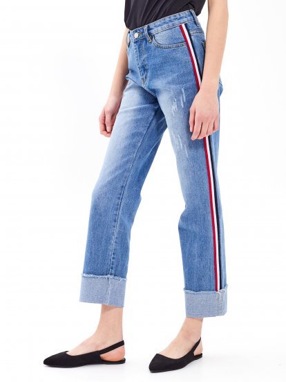 Straight fit taped jeans in mid blue wash