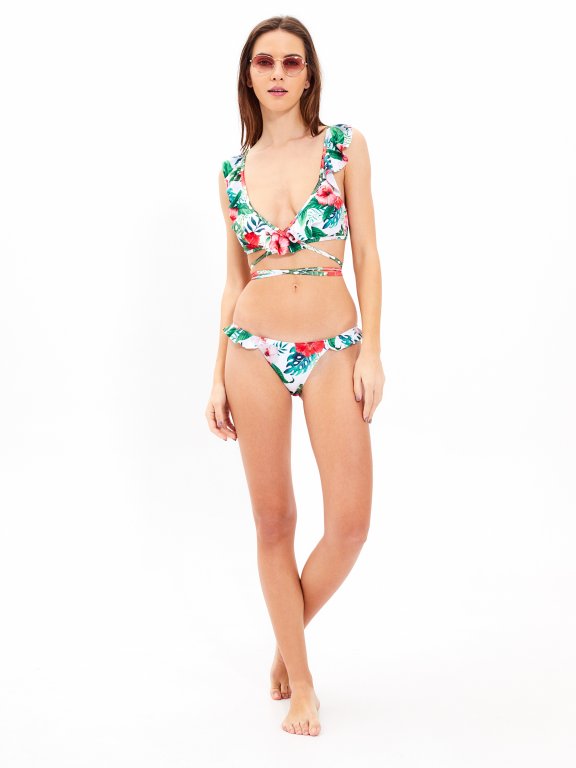 Floral print bikini top with ruffles