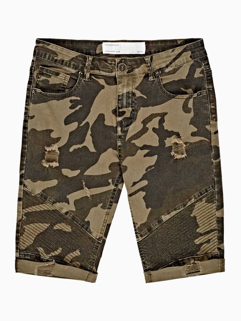 Damaged camo print denim shorts