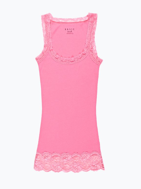 Basic rib-knit tank top with lace trim