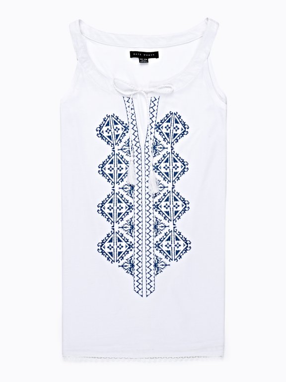 Embroidered tank top with front lacing