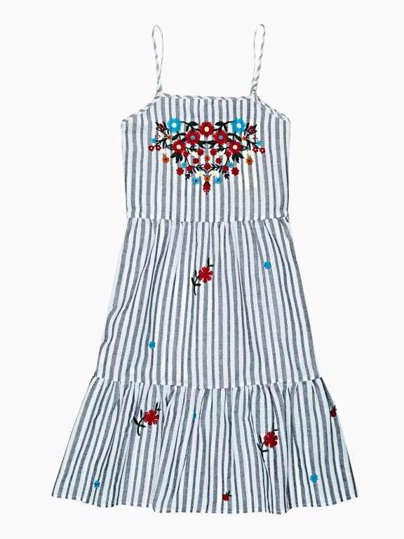 Cotton striped strappy dress with embroidery