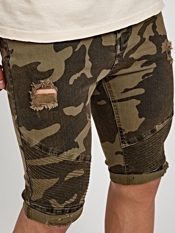 Damaged camo print denim shorts