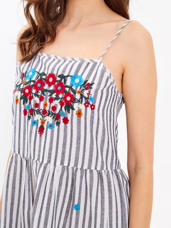 Cotton striped strappy dress with embroidery