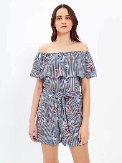 Off-the-shoulder short jumpsuit with ruffle