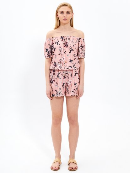 Off-the-shoulder short jumpsuit with floral print