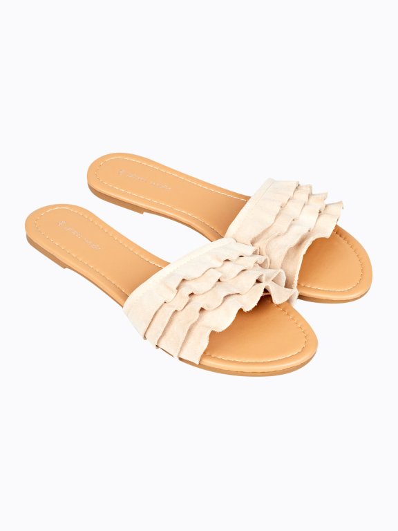 Faux suede slides with ruffle