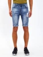 Distressed denim shorts with tapes