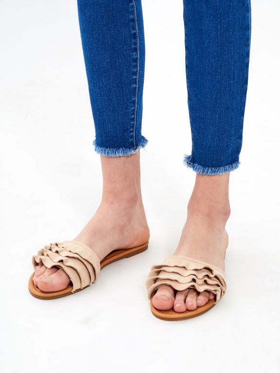 Faux suede slides with ruffle