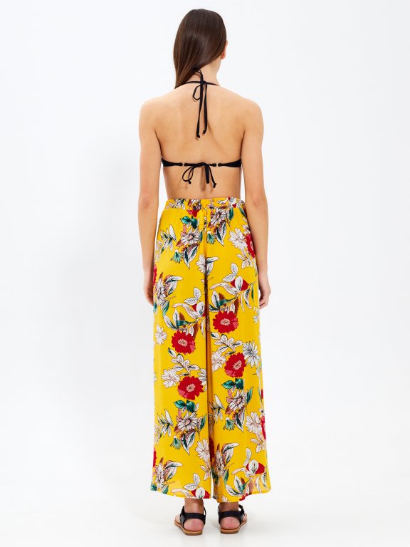 Wide leg flower print trousers with side slits