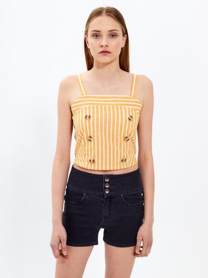 Striped crop top with tortoise shell buttons