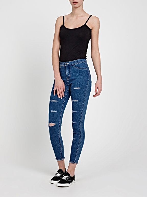 RIPPED HIGH WAIST JEGGINGS WITH FRAYED HEM