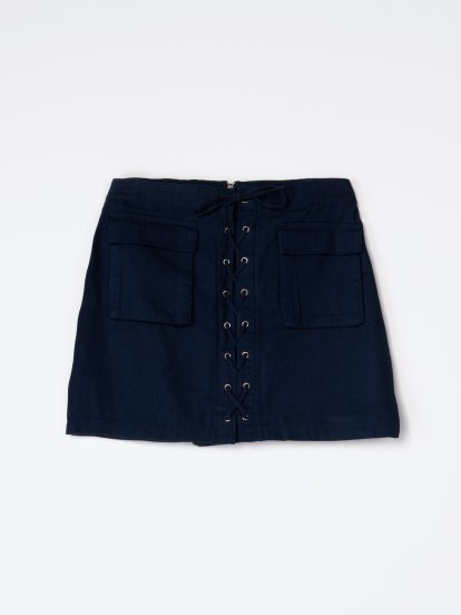 Denim lace-up skirt with pockets