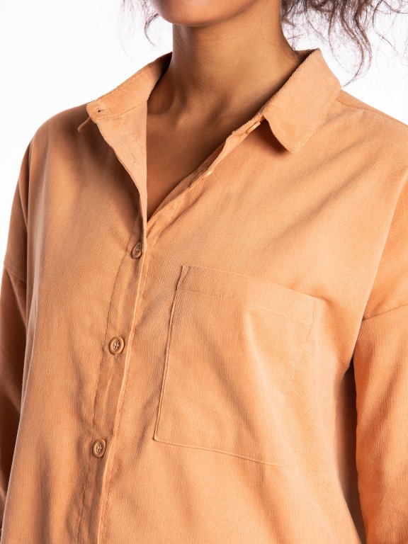 Długa sztruksowa bluzka z kieszenią na piersi