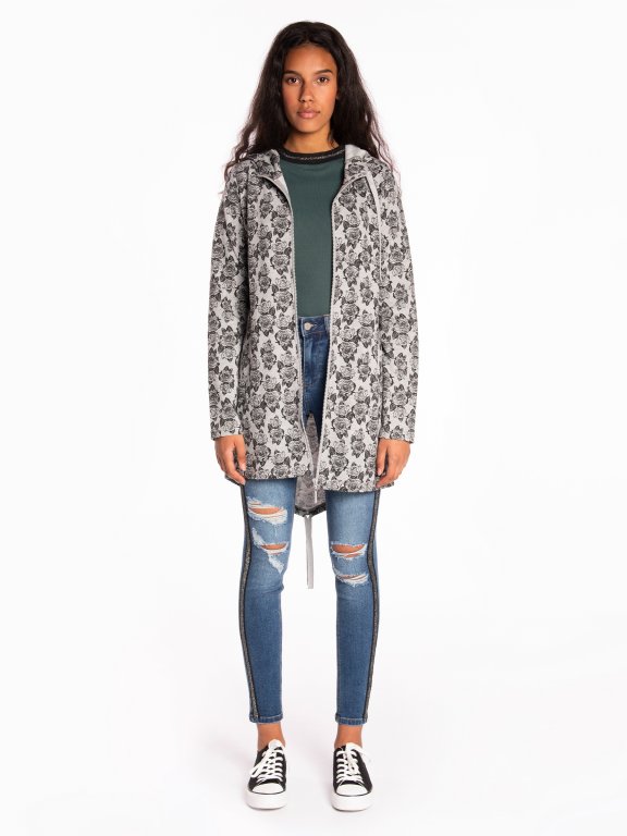 Longline zip-up hoodie with floral print