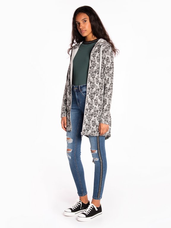 Longline zip-up hoodie with floral print