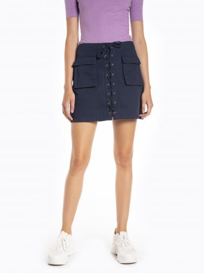 Denim lace-up skirt with pockets