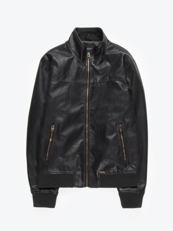 Faux leather bomber jacket with stand-up collar