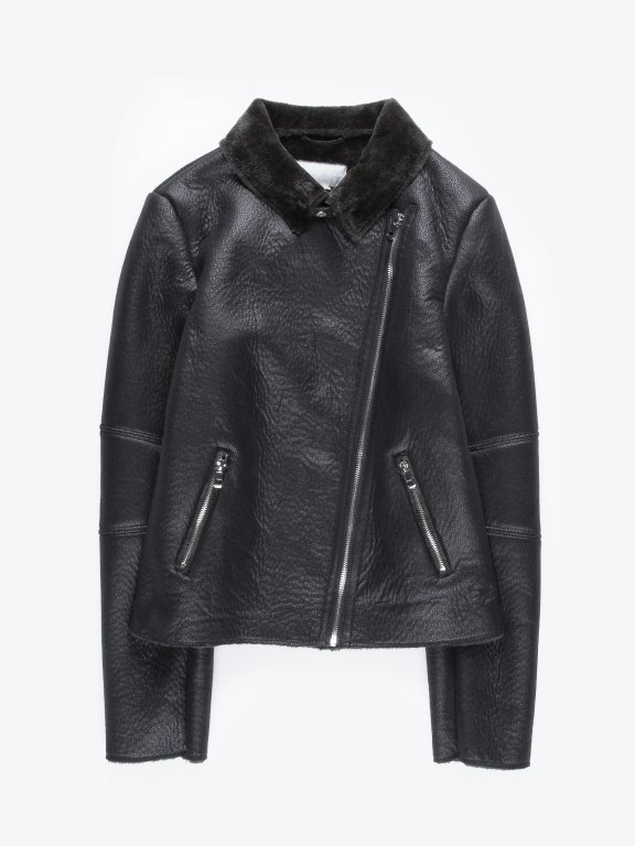 Pile lined faux leather biker jacket