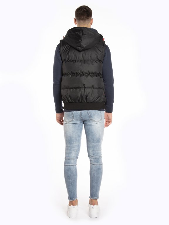 Hooded quilted padded vest with contast zippers