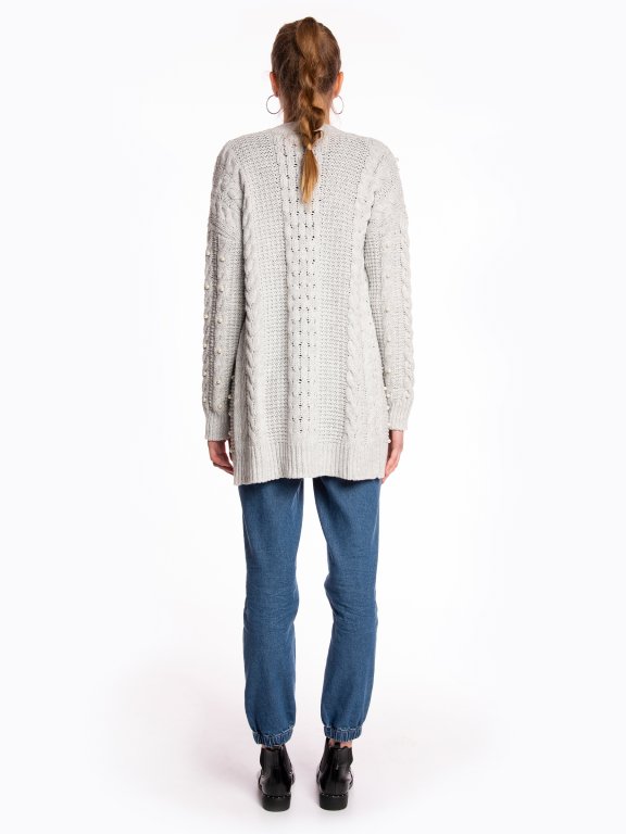 Longline cable-knit cardigan with pearls