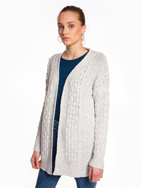 Longline cable-knit cardigan with pearls