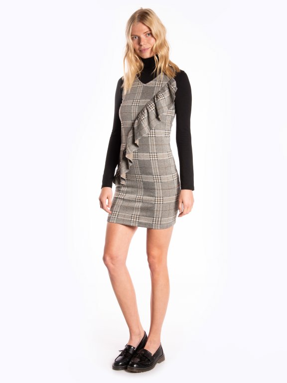 Plaid bodycon dress with front ruffle