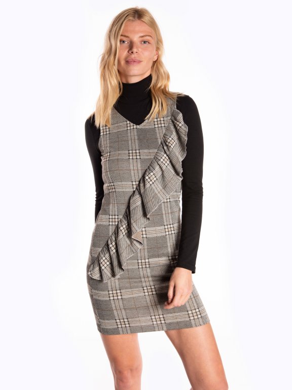 Plaid bodycon dress with front ruffle