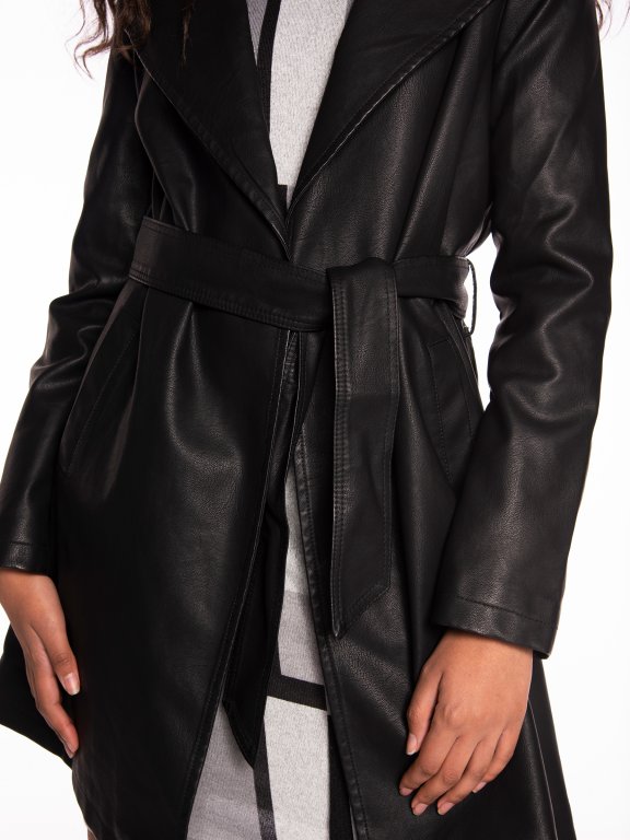 Longline belted faux leather coat