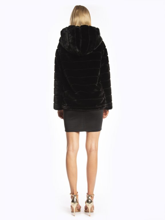 Zip-up hooded faux fur coat