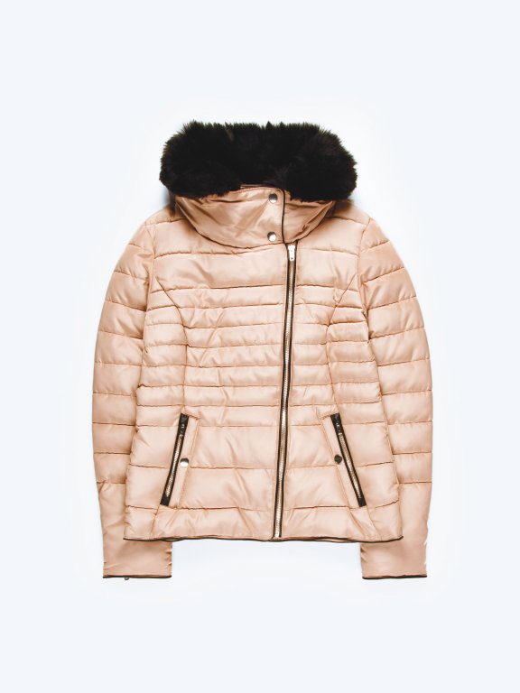 Quilted padded jacket with faux fur collar