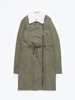 Longline jacket with asymmetric zipper and pile details pile details