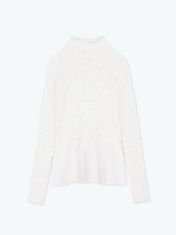 Structured high collar pullover with ruffled hem