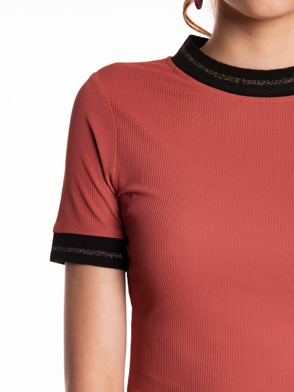 Ribbed t-shirt with embelished neck trim