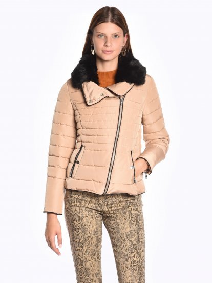 Quilted padded jacket with faux fur collar