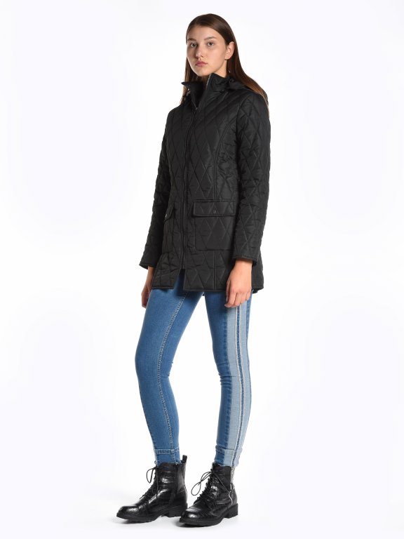 Longline light padded quilted jacket with removable hood