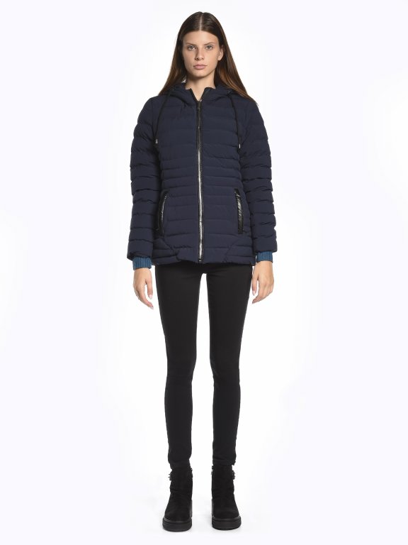 Water-resistant quilted padded stretchy jacket with hood