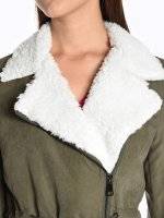 Longline jacket with asymmetric zipper and pile details pile details